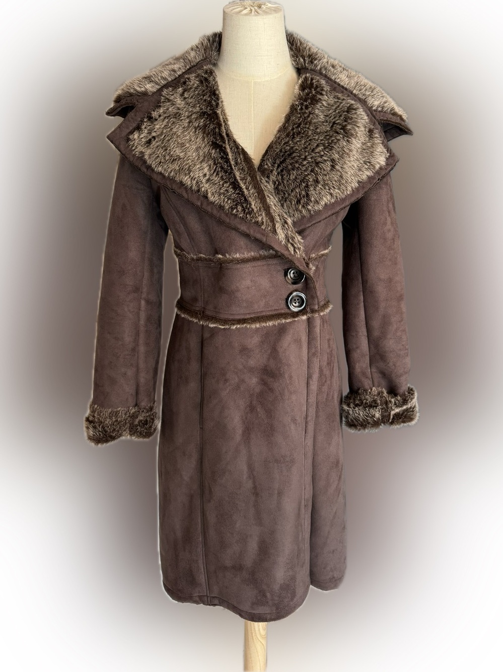 RW&CO Chocolate Brown Faux Suede Faux Fur Long Coat Winter XS